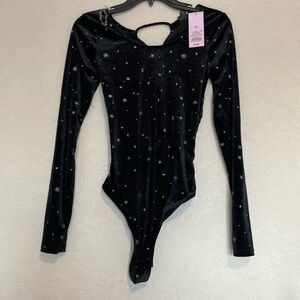 Women's Black Velvet Star-Print Long Sleeve Bodysuit
